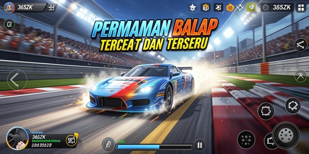 Screenshot 365ZK menampilkan aksi balap mendebarkan dengan mobil sport.
