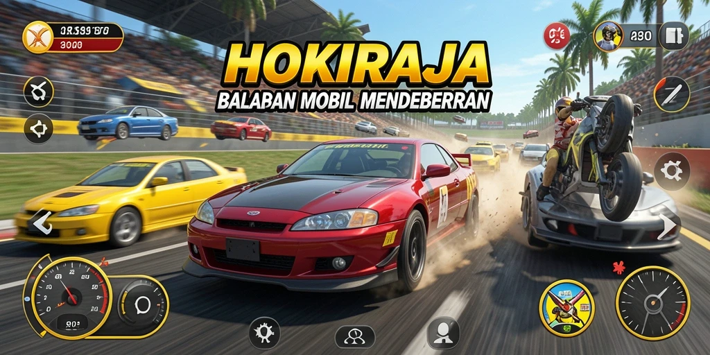 Screenshot HOKIRAJA menampilkan aksi balapan yang penuh kecepatan dan adrenalin.