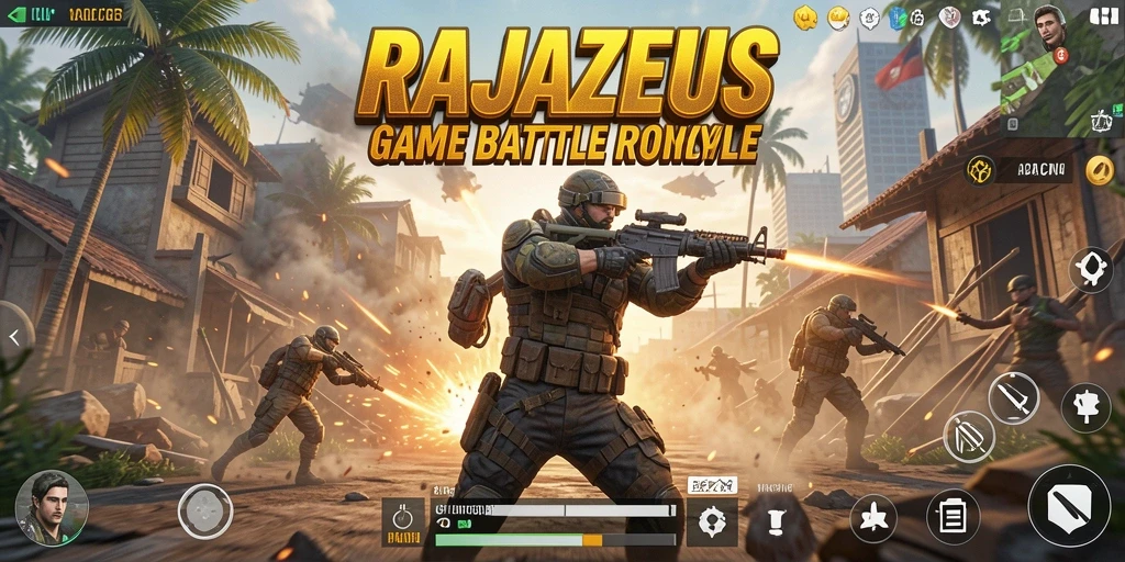 Gameplay seru dengan pertempuran intens di RAJAZEUS Battle Royale.